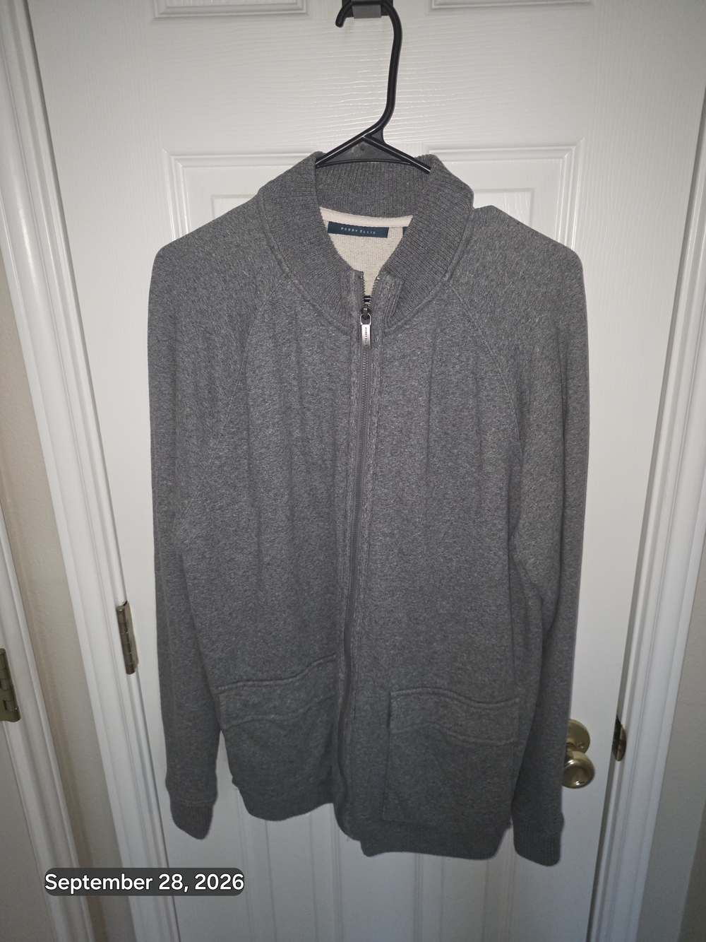 Perry Ellis Gray Full-Zip Shawl Collar Sweater